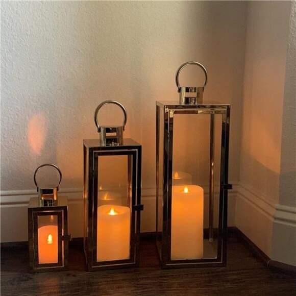 3-PC Lantern Set 23 Inch Jumbo Deluxe Modern Candle Lantern Set Stainless Steel - Picture 5 of 7